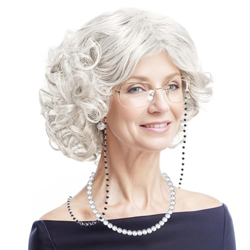 Photo de JSTHHTT 7 Pièces DéGuisement Vieille Dame, Deguisement Grand Mere, Perruque Grand-MèRe, Ollier De Fausses Perles Et ChaîNes De Lunettes, Bonnet De Perruque pour FêTe Cosplay Halloween
