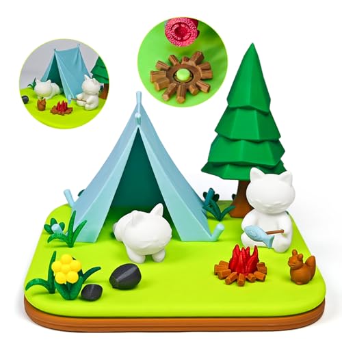 AQXYTK 2Pcs 3D Printed Cat, Miniature Cat Figurines, 3D Printed Animals Fidget Toys with Squirrel, Tent, Tree, Bonfire, Cute Cat Gift for Cat Lovers, Desk Accessories, Stress Relief