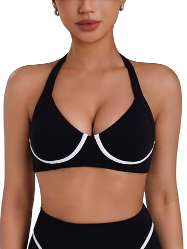 Sunzel Halter Sports Bra for Women Contrast Trim V Neck Open Back Crop Top
