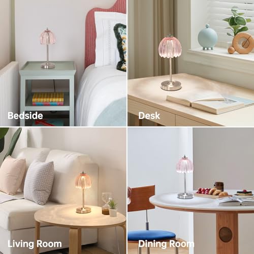 Image of Shenmoyl Tulip Table Lamp with 5200mAh Battery & Touch Control, Cordless Small Table Lamp with 3 Colors, Dimmable Rechargeable Table Lamps for Living Room, Bedroom, Desk, Bedside (Clear Pink Tulip)