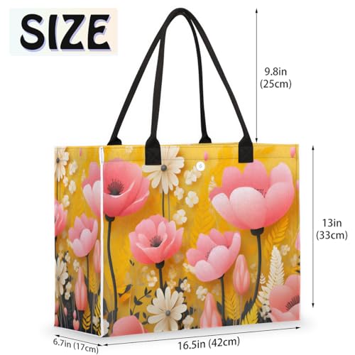 Pink Flower Yellow Plants Tote Bag for Women Large Beach Bag Reusable Tote Bags for Work Travel Beach Shopping2