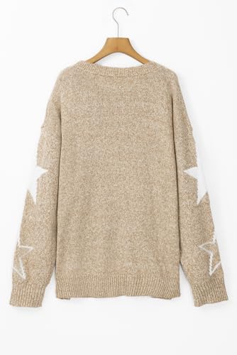 Women's Khaki Star Pattern Drop Shoulder Plus Size Sweater - Casual Winter Knit4