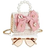Sadnyy Mini Purse Cute Bowknot Crossbody Bag with Pearl Bow Sunglasses Box Set Travel Handbag for Women Birthday Easter Gift(5.91 x 5.91 x 2.76 In,Beige)