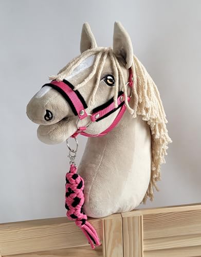 Cabestro A3 de piel negra Hobby Horse con detalles rosa oscuro