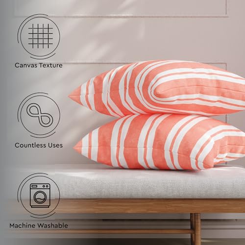 Image of Encasa XO Farmhouse Throw Pillow Covers Set of 2 (24x24 in) Franca Orange Stripes | Decorative Cushion Covers No Inserts | Plaid and Stripes Pillow Covers for Living Room, Couch