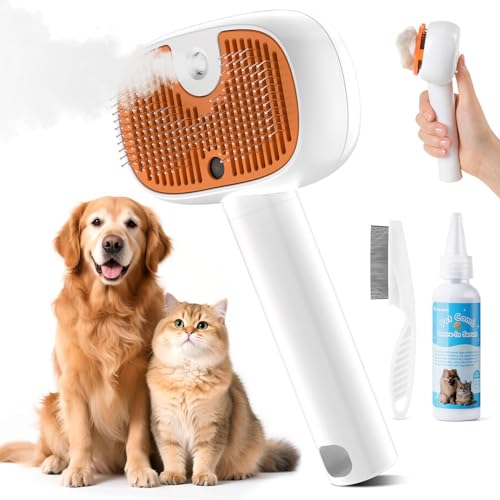 Image of 4-in-1 Cat Steam Brush, 2025 Upgraded Pet Steam Brush for Indoor Cats Dogs Spray Hair Removal Comb, 2 Spray Self-Cleaning Dog Brushes for Shedding,Massage,Cleaning Grooming (White)