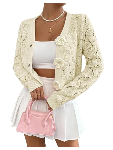 Image of GORGLITTER Women's Crochet Button Up Cropped Cardigan Cute Floral Long Sleeve Knit Sweater Tops Dressy Going Out Outfits