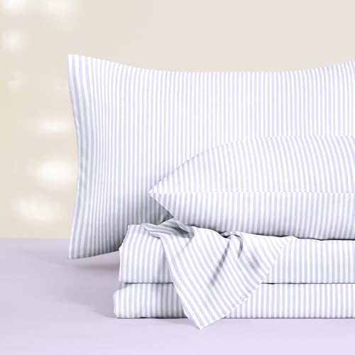 Image of Wake In Cloud - Striped Bed Sheets, 4-Piece Sheet Set, Ticking Vertical Pin Stripe Modern Farmhouse Pattern Printed Bedding, Deep Pocket, Light Purple, Full Size