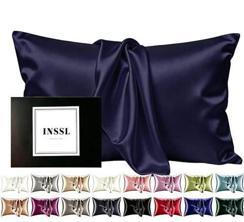 INSSL Silk Pillowcase for Women, Mulberry Silk Pillowcase for Hair and Skin and Stay Comfortable and Breathable During Sleep (Standard, Navy Blue)