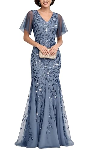 YHHOWEP Women's Formal Evening Gowns Long Sparkly Sequin Elegant Tulle Sleeve Mother of Bride Dress...