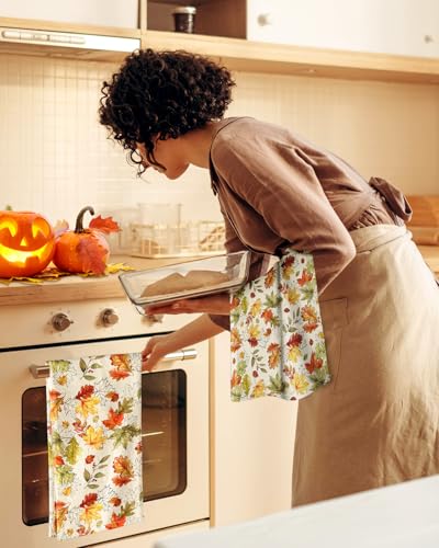 Image of 150GSM Flour Sack Kitchen Towels Set of 2, Autumn Leaf | 18 inchx26 inch, Lightweight, Lint-Free, Pure Cotton, Decorative, with Hanging Loop, Absorbent, Softer after Wash, Giftable Package