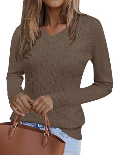 Kistore Jersey para mujer, cuello de pico, para otoño, manga larga, elegante, tallas S-XL, Color café., M