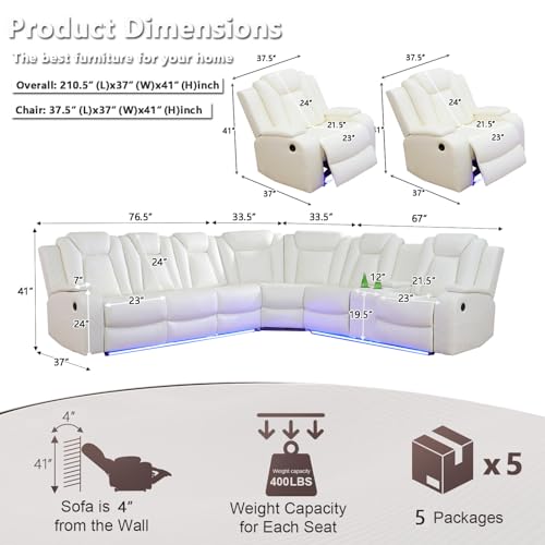 Image of Power Recliner Sofa Sectional Couch with LED Light for Living Room, Cream White Leather Reclining Corner Sectional Sofa with 4 Recliner Seats,Cup Holder,Storage Console for House /Home