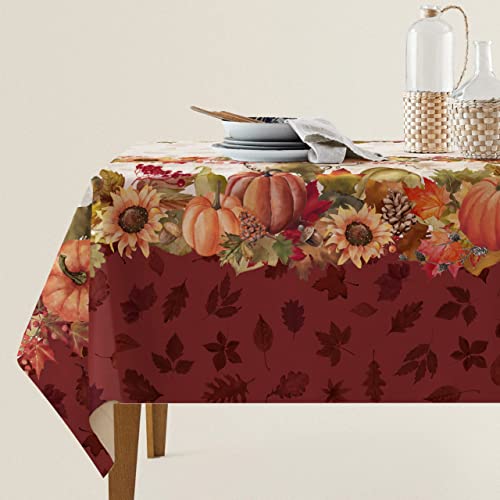 Swaying Leaves Bordered Fall Tablecloth Thanksgiving Maple Leaves Polyester Table Cover Watercolor Fall Pumpkins Table Cloth Farm Harvest Autumn Falling Leaves Table Cover For Autumn (60"×84") #TOP16