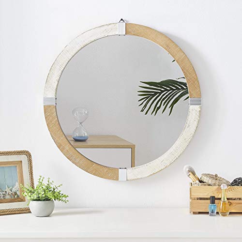 Rustic Solid Wooden Framed 24 inch Round Wall Mirror, Farmhouse Decor Mirror, Large Wooden Circle Frame Mirror for Wall Decor, Living Room Bedroom Bathroom Entryway, Rustic Brown White