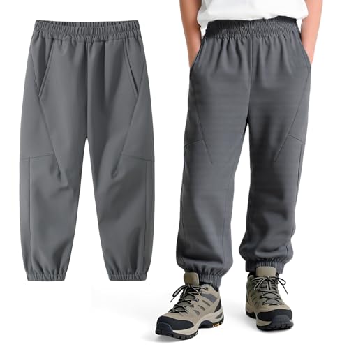 Domueay Pantalones Softshell para niños con Forro Polar, Invierno Pantalón Térmicos Impermeables con Bolsillos para niños, Pantalones de para Senderismo Outdoor montaña Trekking, 9-10 años, Gris