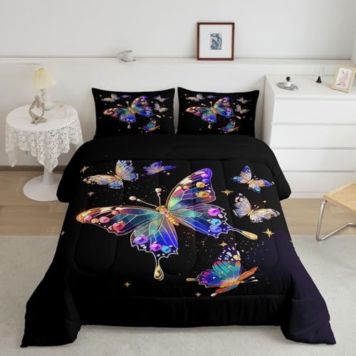 Image of Erosebridal Flying Butterfly King Size Comforter Set for Kids Teens Adults,Diamond Butterflies Bedding Sets,Outer Space Galaxy Duvet Insert,Starry Sky Quilt Bedroom Decor