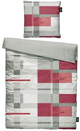 Sansibar Juego de ropa de cama reversible de satén, 2 piezas, funda nórdica de 155 x 220 cm y funda de almohada de 80 x 80 cm, diseño a cuadros gris/rojo Cover