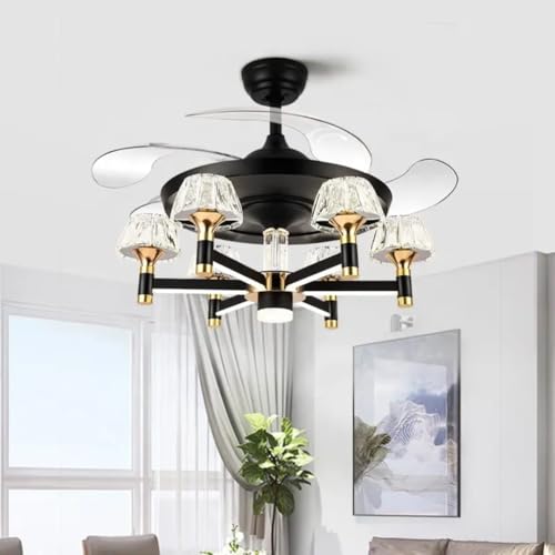Image of Glowave Luxury Chandelier Ceiling Fan with Retractable Blades Crystal Glass Shades LED Light Remote Controlled Black & Gold Finish - Tricolour |White, Warm White, Natural White| (FI-7660)