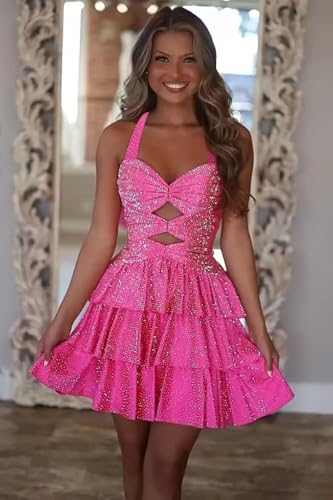 Sparkly Sequin Homecoming Dresses for Teens 2025 Halter Cut Out Tiered Mini Cocktail Party Gown4