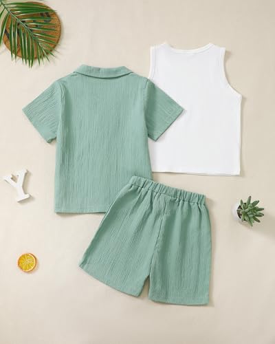 Image of Toddler 3t Boy Clothes Short Sleeve Button Down Shirt And Shorts With Vest Summer Fashion Beach 4t Boy Outfits Causal Solid Green Shirt Kid Clothing Set