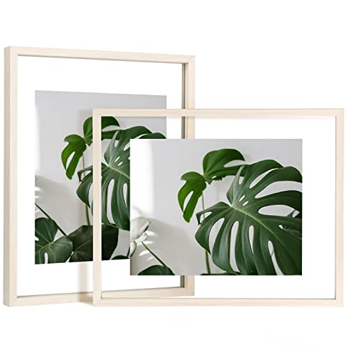 Image of Egofine 11x14 Floating Frames Set of 2, Double Plexiglass Picture Frame, Made of Solid Wood Display Any Size Photo up to 11x14, Wall Mount or Tabletop Standing, Beige