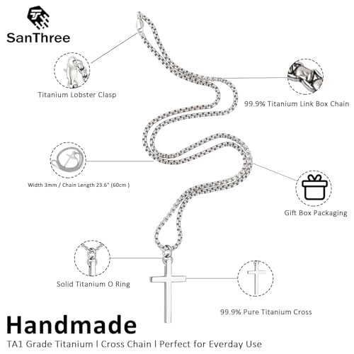 SanThree 3mm Pure Titanium Cross Necklace for Men Women Square Box Rolo Chain, Skin Friendly Solid Round Link Rolo Chain for Birthday Valentines Graduation Gifts, 23.62 Inches3