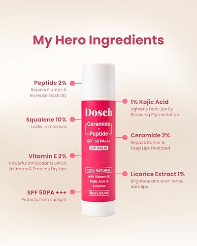 Image of DOSCH Tinted Lip Balm SPF 50 PA+++ - Berry Blush | 2% Peptides, 2% Ceramides & 10% Natural Squalane | With Vitamin E | Brightening Lip Balm for Dark, Pigmented & Chapped Lips | 5 g | 24H Moisturization & Hydration | Kojic Acid & Licorice | For Women