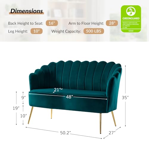 Image of HULALA HOME Modern Velvet Loveseat Sofa with Flower Shaped Back, Comfy Upholstered 2-Seater Sofa with Gold Metal Legs, Small Love Seat Accent Couch for Living Bedroom Leisure Areas, Teal