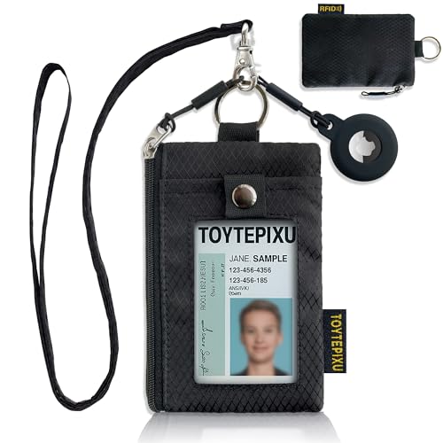 AirTag Wallet with Lanyard – RFID Blocking Travel Wallet for Men and Women, Slim Neck Wallet with ID Window & Zipper Coin Purse