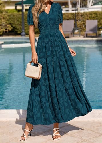 Image of KIRUNDO Summer Dresses for Women 2026 Boho Flowy Casual Short Sleeve V Neck Elastic Waist Floral Long Baby Shower Maxi Dress