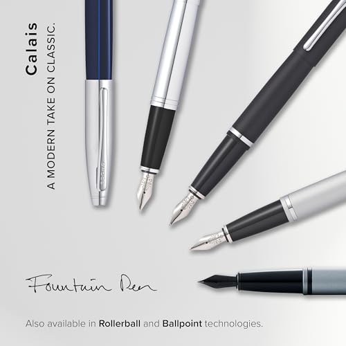 Image of Cross Calais Polished Chrome Refillable Fountain Pen - Medium Point, Black Ink, Smooth Writing, Presented in a Luxury Gift Box