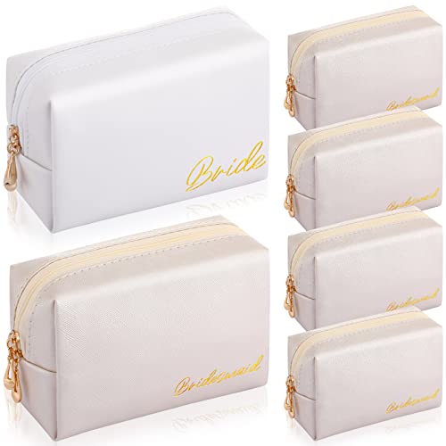 Hillban 6 Pcs PU Leather Bride Makeup Bag Cosmetic Bridesmaid Waterproof Toiletry Travel Bag Pouch Purse Gifts for Bridal Shower, Wedding, Engagement Gifts, Bachelorette Party(White, Ivory White)