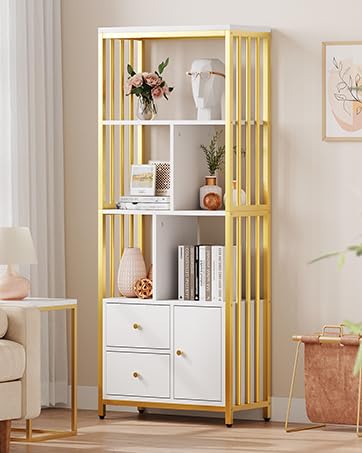 IDEALHOUSE Gold Bookshelf with Drawers Modern Bookcase Storage Rack Shelf Tall Standing Bookshelves Metal Frame Large Display Racks Book Shelf for Bedroom, Living Room, Home Office