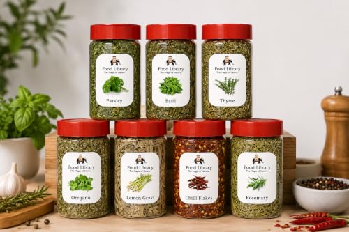 Food Library Premium Italian Herbs & Seasoning Combo | Oregano Basil Parsley Rosemary Thyme Lemon Grass & Chilli Flakes Sprinkler Bottles | Pizza Pasta Seasoning BBQ Soup Salad Marinade Seasoning 300gm.