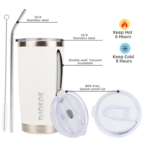 Image of BJPKPK 20 oz Coffee Tumbler with Lid, Straw, Insulated Stainless Steel Mug | Double Wall Vacuum, Keeps Hot /Cold, BPA Free, Leak Proof, Iced Coffee Cup Fit Car Holder, Travel & Beach Ready, White