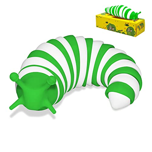 3D Printed Articulated Slug Toy, Flexible Fidget Toy, Fidget Slug for Relaxing, Friendly Slug Fidget Toy, 7.5 Inch Hand Sensory Toy & Easter Basket Toy (White-Green)