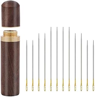 Geluode 12pcs Stainless Steel Self threading Needles, Embroidery Pins with Wood Needle Case, Household Easy-Threading Side Opening Sewing Darning Needles Set
