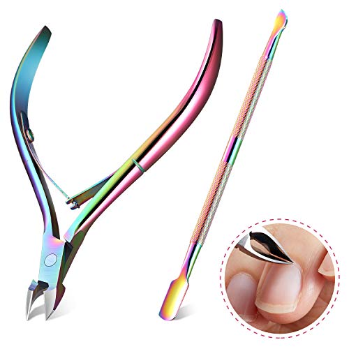 Chameleon Cuticle Trimmer with Cuticle Pusher Stainless Steel Cuticle Cutter Dead Skin Scissor Remover Nipper Clipper Cuticle Peeler Manicure Tools for Fingernails and Toenails Care