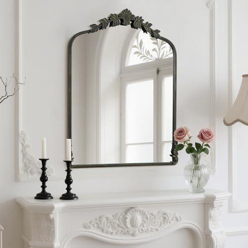 Image of WallBeyond Black Antique Mirror for Vanity 28x36 Inch, Black Vintage Mirror with Ornate Frame, Arched Vintage Wall for Bathroom, Living Room, Fireplace