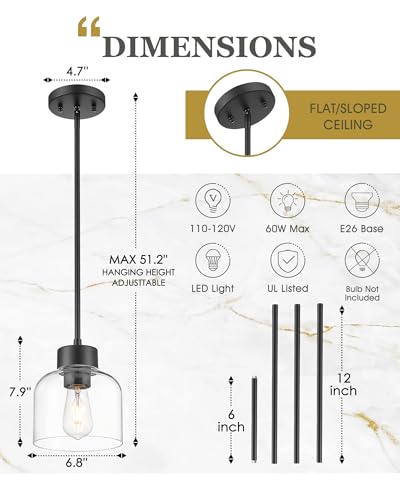 Image of 2-Pack 7 inch Pendant Lights Kitchen Island, Matte Black, Clear Glass