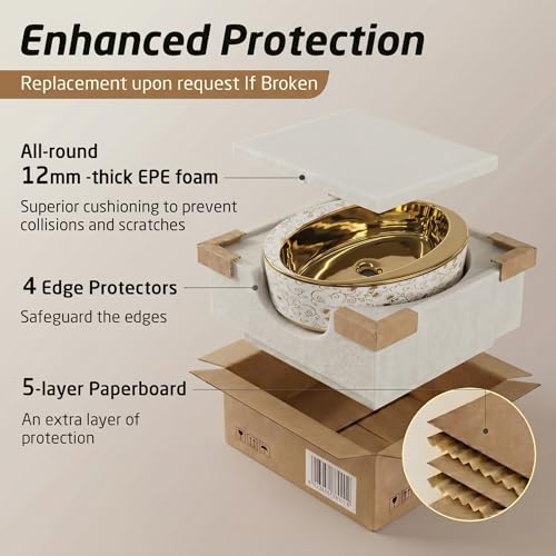 Image of BASSINO 24x14x6 Inches Table Top Washbasin /1 Year Warranty /Ceramic Wash Basin for Bathroom /Oval Counter Top Wash Basin for Restaurant /Dining Hall /Living Room /Designer Vessel Sink(Glossy White & Gold)