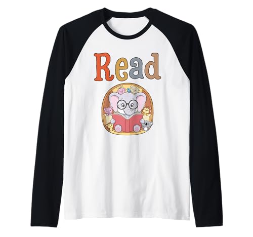 Animals Read Reading Book Library First Day Of School Kids Camiseta Manga Raglan