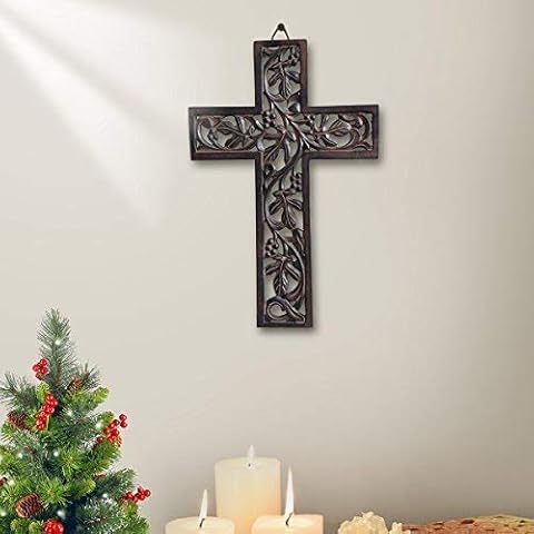 S.B.ARTS Wooden Wall Cross-Handmade Floral Carving-French Plaque for Living Room-Antique Look-Home Decor Accessories-Religious Altar Item-Crucifix Cover