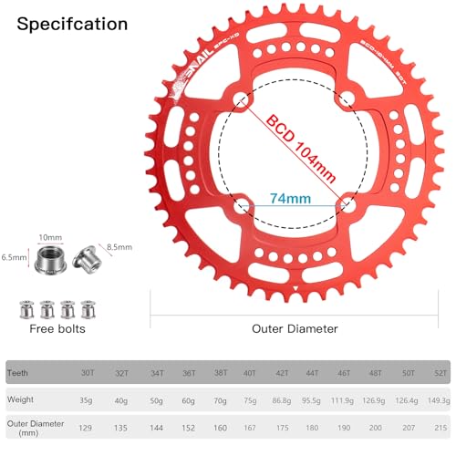 CYSKY Fahrrad Kettenblatt 104 BCD 30T 32T 34T 36T 38T 40T 42T 44T 46T 48T 50T 52T Schmale Breite Single Runde Kettenblätter mit… – Ansicht 2