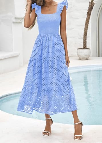 Lazysmile Women's Tiered A Line Lined Eyelet Smocked Summer Boho Maxi Dress w/ Pockets (Various) - image 9
