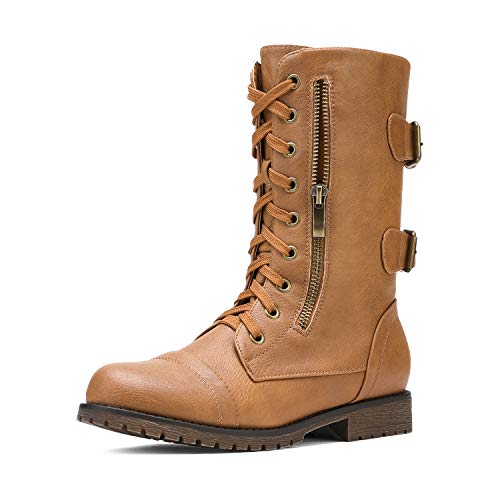 DREAM PAIRS Women's Mid Calf Built-in Wallet Pocket Lace up Military Combat Boots 11 Classic Camel