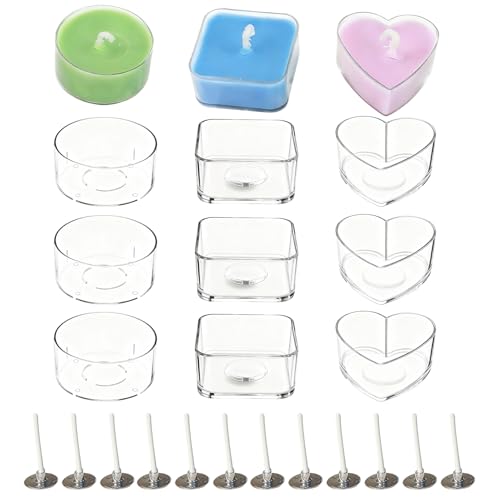 12Pcs Tealight Candle Holders Plastic Clear Tea Light Candle Cups Empty with Wicks 3 Shapes Wax Melt Tins Jars Mould DIY Candle Making Containers Kit for Wedding Birthday Party Restaurant Decorations