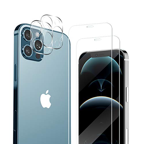 iPhone 12 Pro Max HD Clear Tempered Glass Screen Protector + Camera Lens Protectors by YEYEBF, [2+2 Pack] [Anti-Shatter][3D Glass][Case-Friendly] Screen Protector Glass for iPhone 12 Pro Max