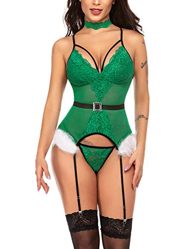 ELOVER Women's Christmas Lingerie Sexy Santa Teddy Boysuit with Garter Belt Lace One Piece Green L